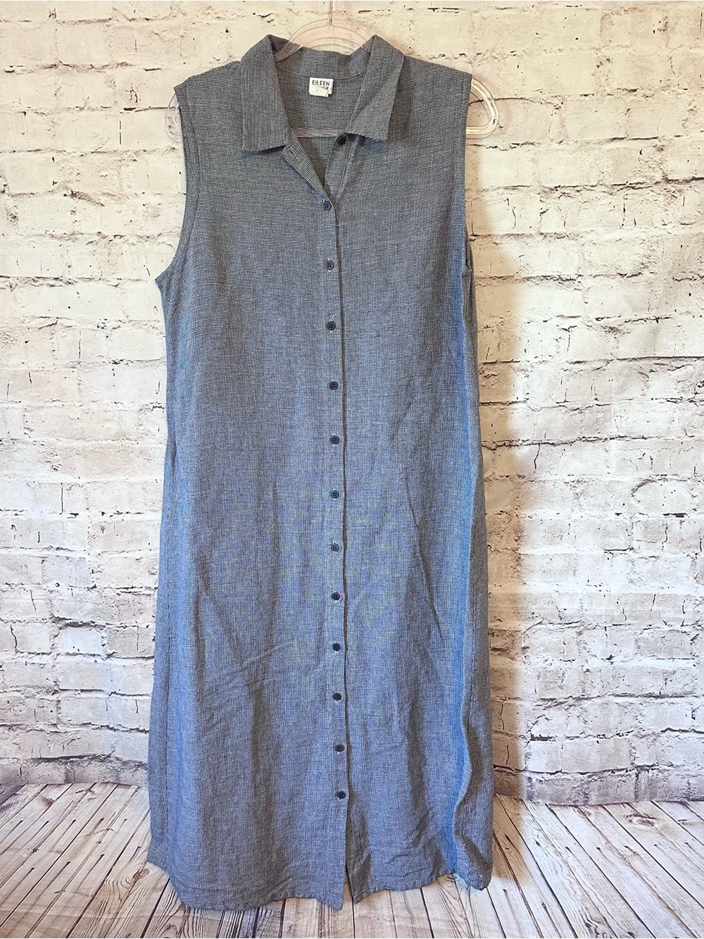 Eileen Fisher Sleeveless Button-Front Maxi Dress in Blue & White Gingham